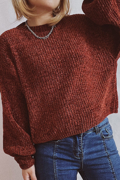 Solid Color Casual Round Neck Lantern Sleeve Short Knitted Sweater