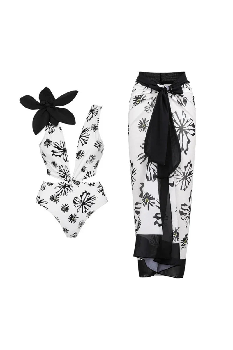 Floral Appliqué Printed White One-Piece Swimsuit