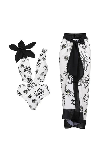 Floral Appliqué Printed White One-Piece Swimsuit