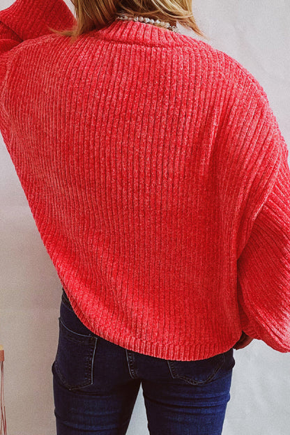 Solid Color Casual Round Neck Lantern Sleeve Short Knitted Sweater