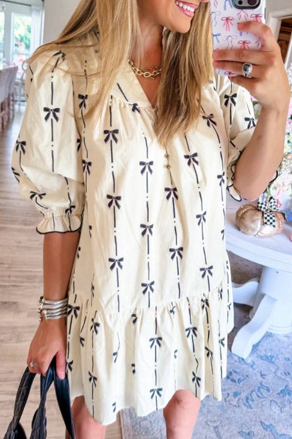 Beige Cute Bowknot Printed Bubble Sleeve V Neck Mini Dress