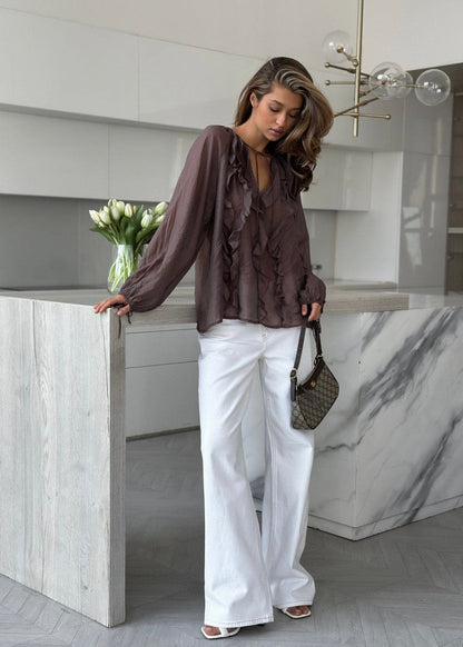 Hazel Whisper - Sheer Ruffle Tie Blouse