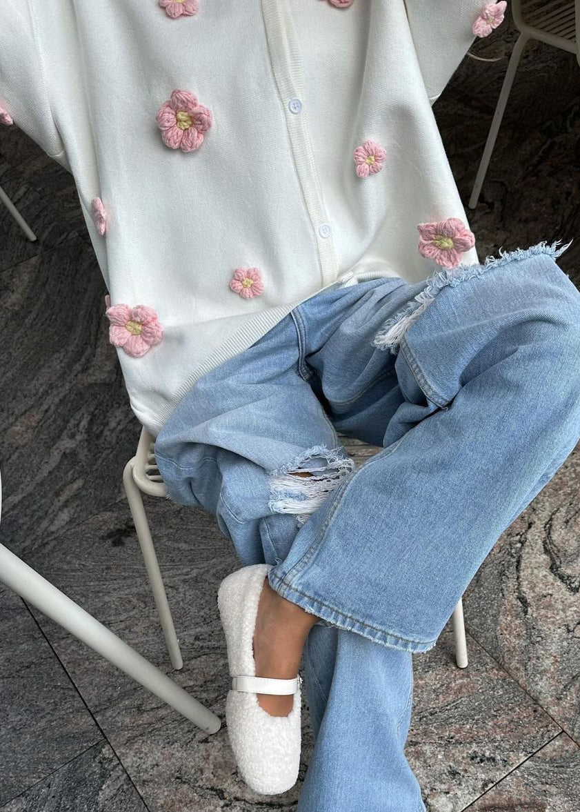 Blush Bloom - 3D Floral Knit Cardigan with V-Neck