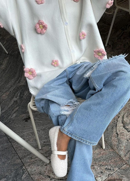 Blush Bloom - 3D Floral Knit Cardigan with V-Neck