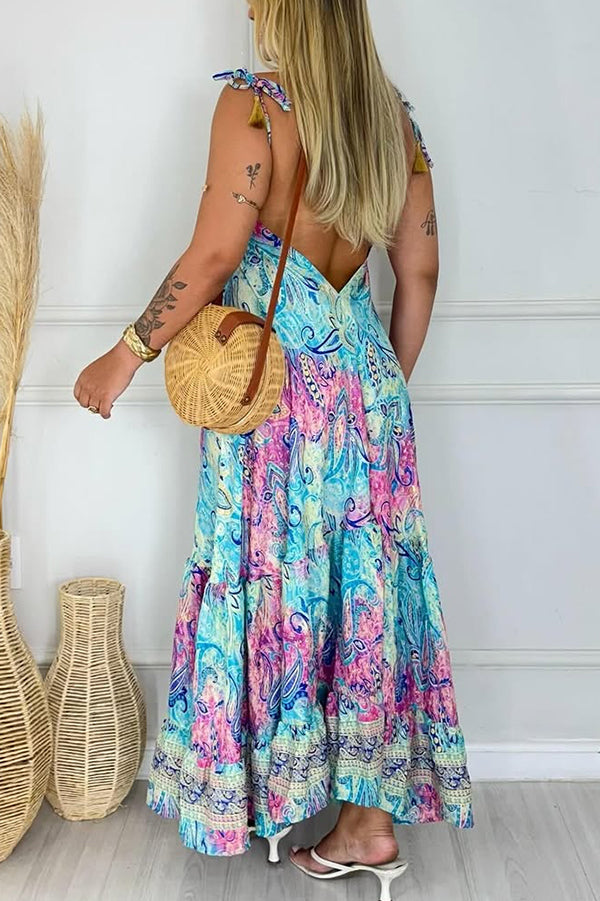 Bohemian Style Unique Print V-neck Suspender Holiday Maxi Dress