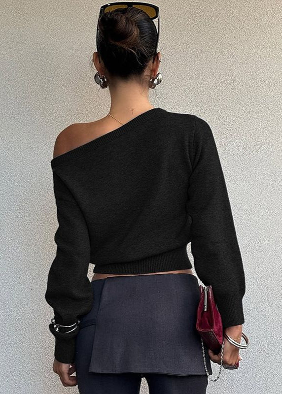 Off-Shoulder Cropped Knit Sweater – Minimalist Elegance