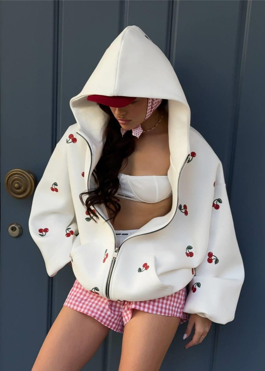 Cherry Mood - Oversized Zip-Up Hoodie with Puff Sleeves