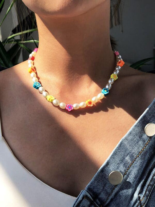 Faux Pearl & Flower Beaded Necklace for Women