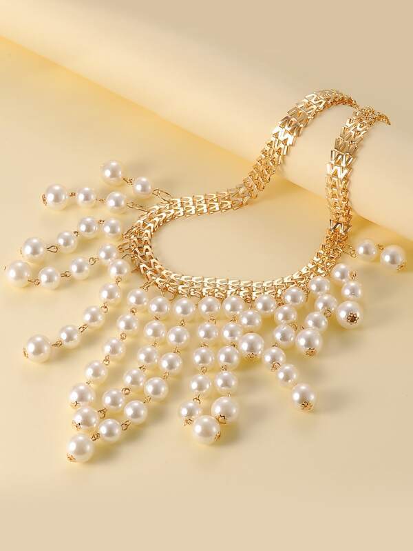 Faux Pearl Tassel Charm Necklace for Women