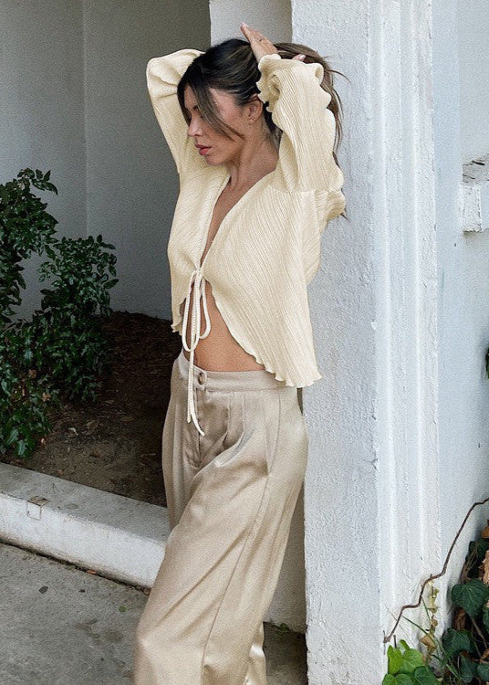 Drape Tie Front Blouse - Lightweight Pleated Long Sleeve Top