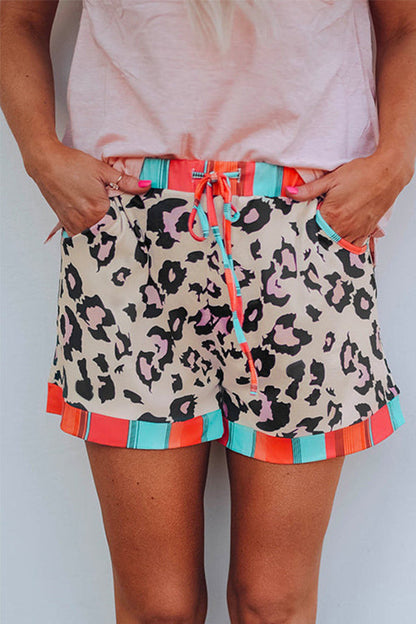 Drawstring Waist Stripes Splice Leopard Shorts