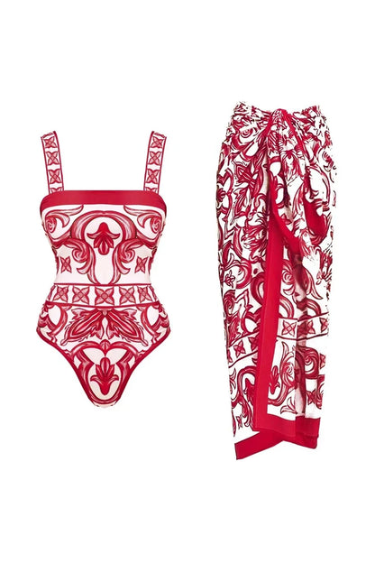 Ethnic Print One-Piece Swimsuit Set