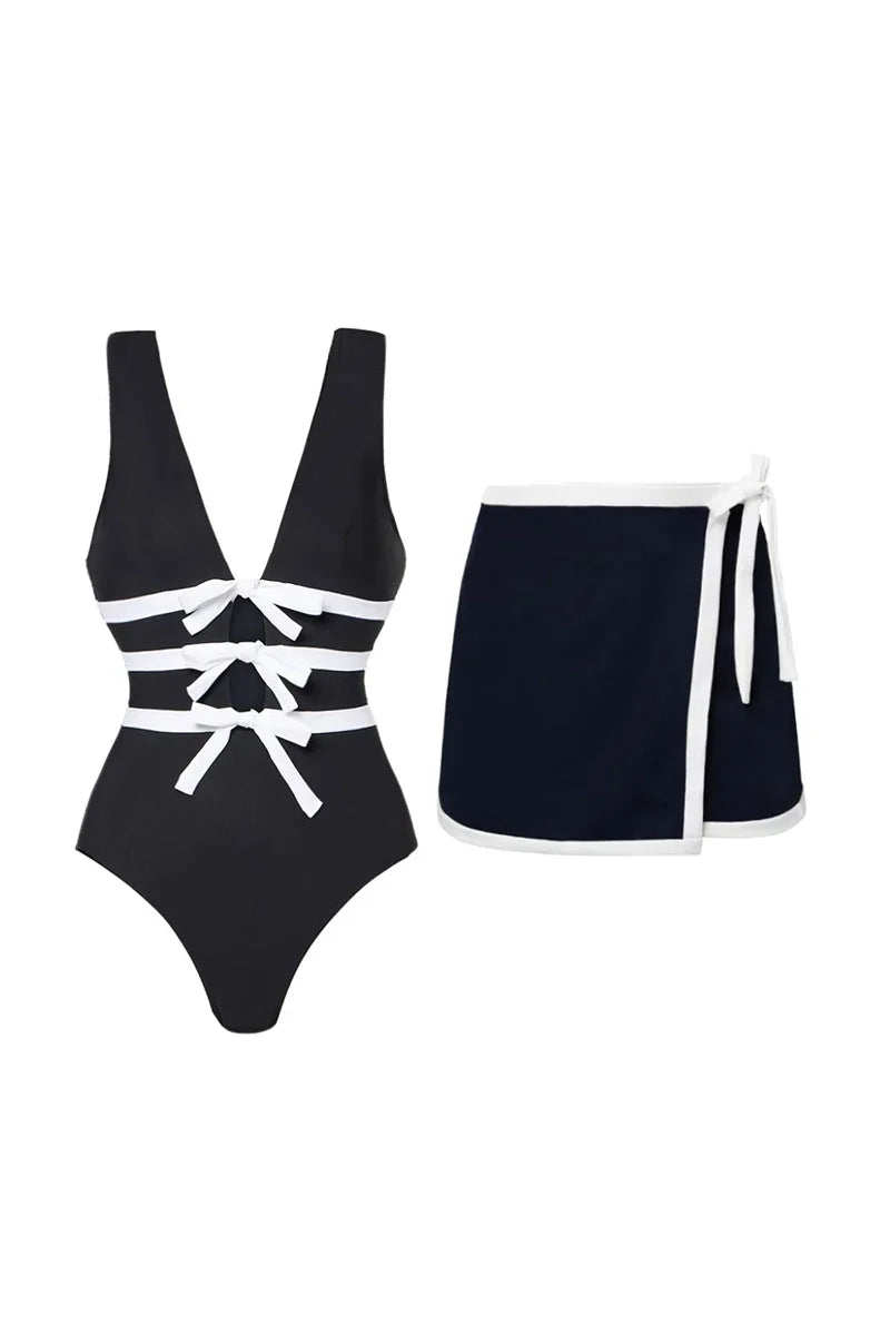 Cutout Black and White One-Piece Swimsuit