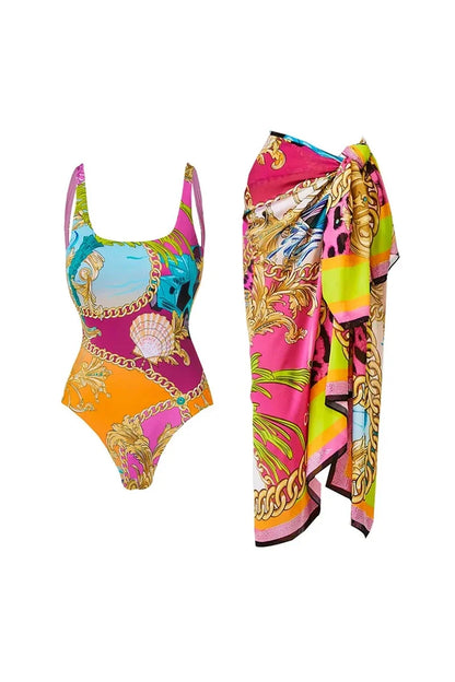 Colorblock Cartoon Print One-Piece Swimsuit