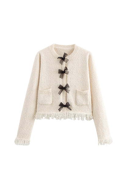 Crewneck Frayed Hem Pocketed Bow Sweater