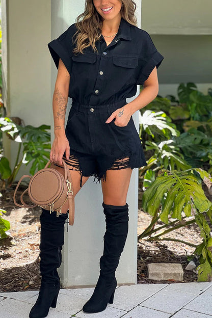 BLACK DISTRESSED HEM DENIM ROMPER