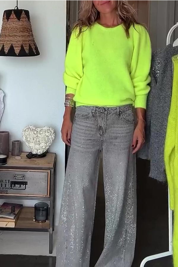 Suéter holgado de cuello ancho de color liso de punto para un día de invierno brillante