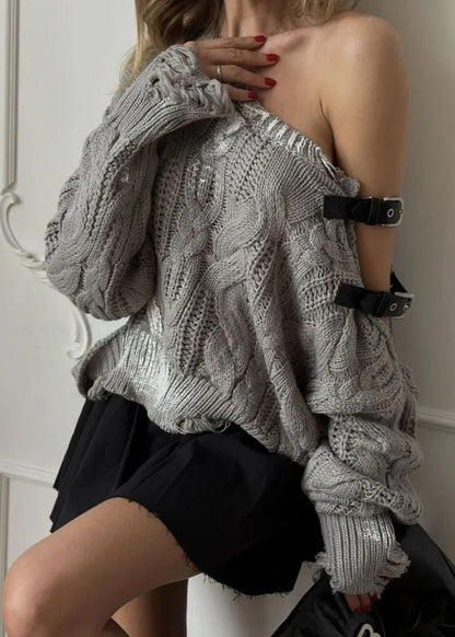 Sloane – Asymmetrical Cable Knit Sweater with Buckle Details