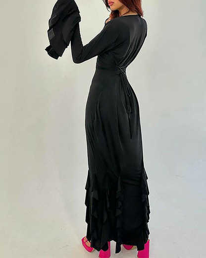 Slim-Fitting Lace-Up Long-Sleeved Dress