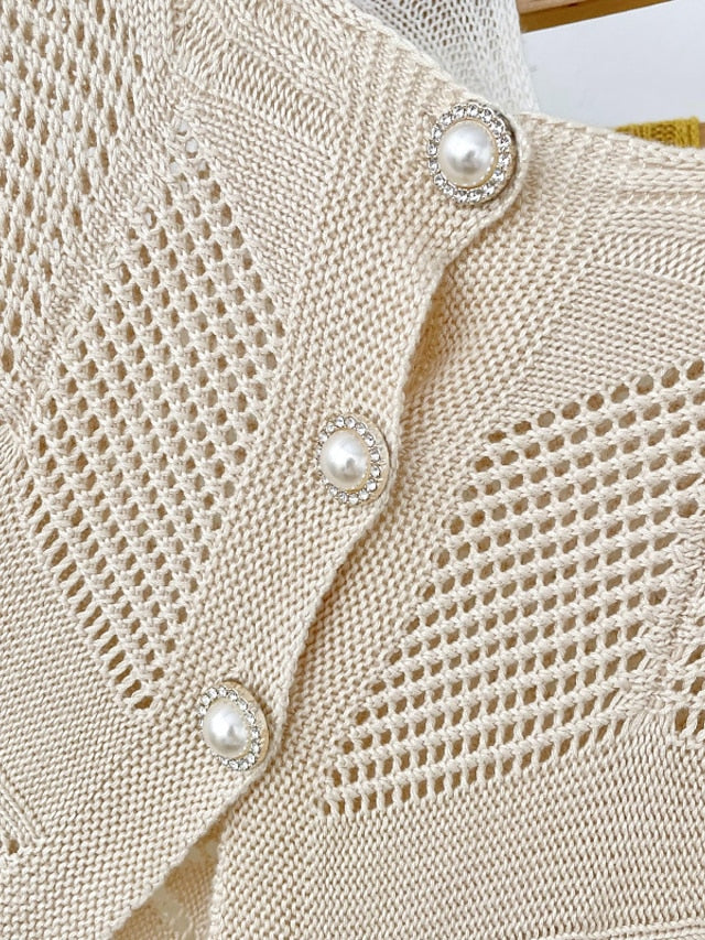 Solid Color Knitted Hollow Shawl Summer Air-conditioned Elegant Vest with Pearl Button Cape Sunscreen Fake Collar for Women