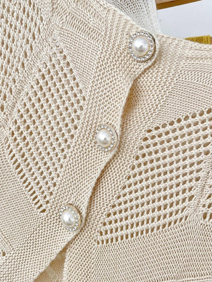 Solid Color Knitted Hollow Shawl Summer Air-conditioned Elegant Vest with Pearl Button Cape Sunscreen Fake Collar for Women