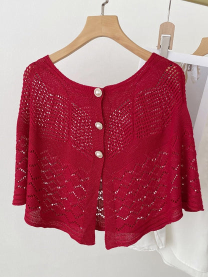 Solid Color Knitted Hollow Shawl Summer Air-conditioned Elegant Vest with Pearl Button Cape Sunscreen Fake Collar for Women