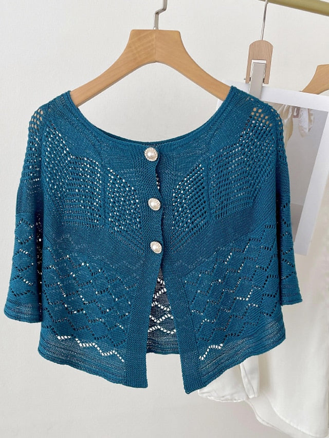 Solid Color Knitted Hollow Shawl Summer Air-conditioned Elegant Vest with Pearl Button Cape Sunscreen Fake Collar for Women