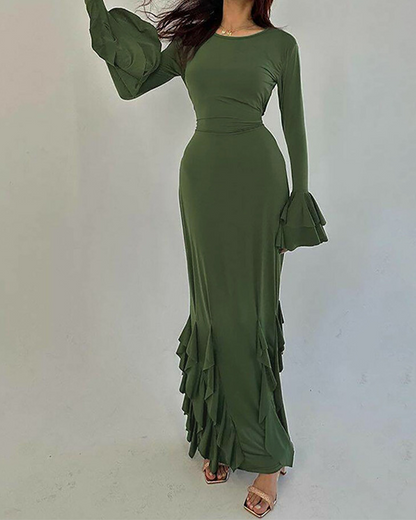 Slim-Fitting Lace-Up Long-Sleeved Dress