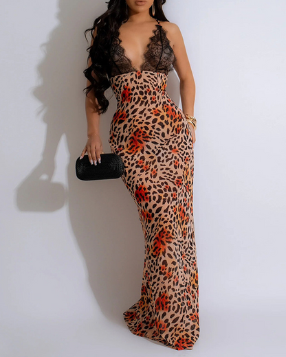 V-Neck Backpack Hip-Revealing Printed Dress