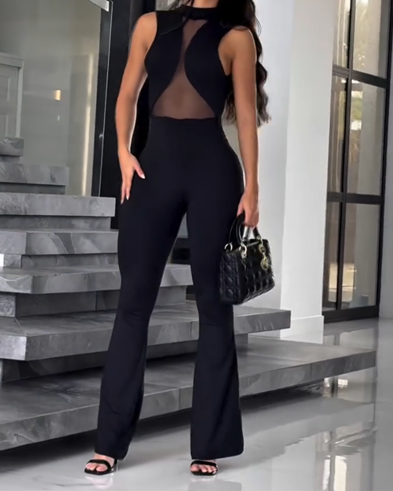 Hollow Solid Color Patchwork Jumpsuit