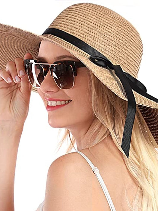 1 Pc Straw Hat Wide Brim Floppy Beach Sun Hat for Women UPF 50 Adjustable Strap Vacation for Women