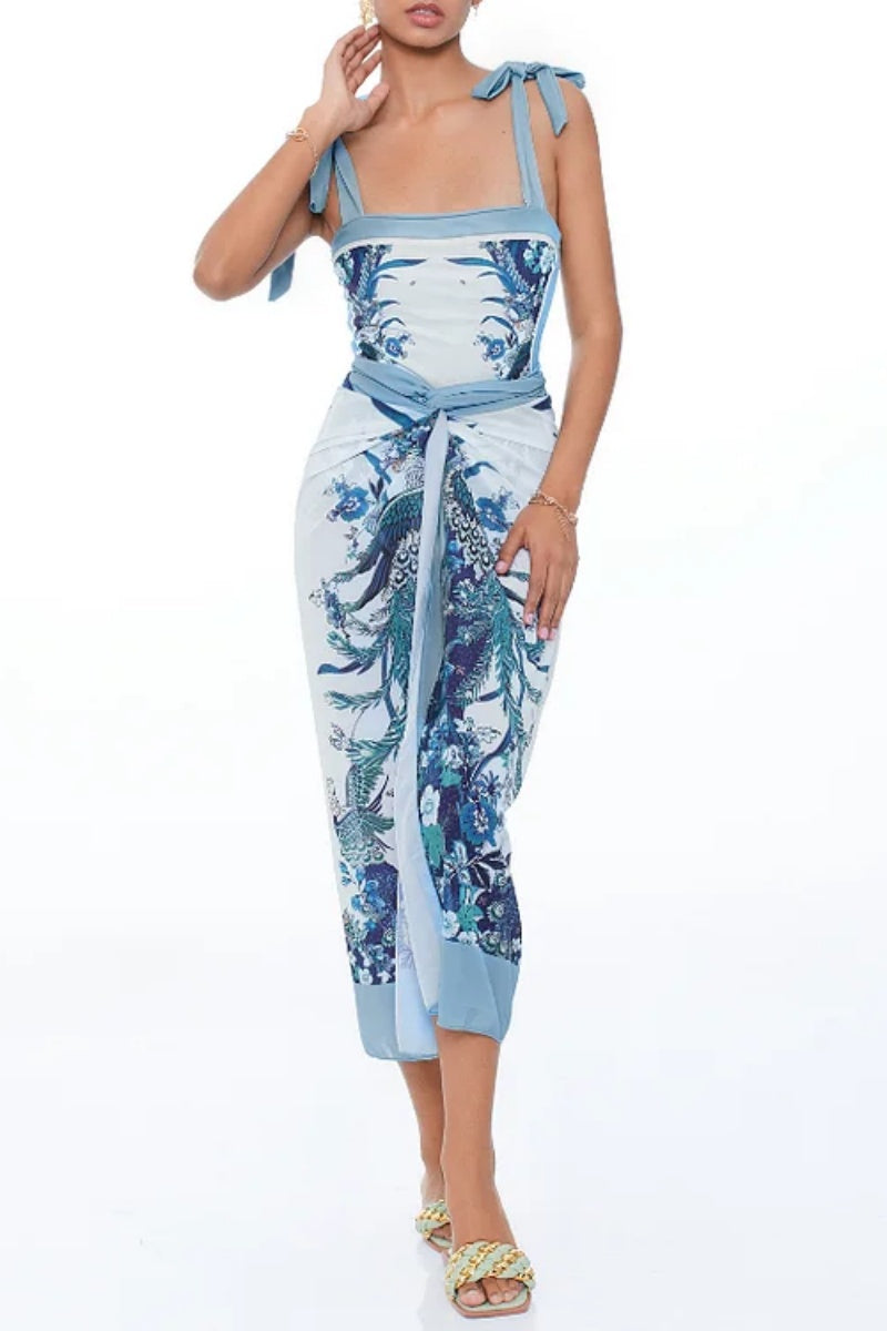 Flaxmaker Blue Reversible Bow Tie Shoulder One-Piece Swimsuit Set