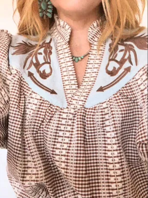 Prairie Horse Gingham Puff Sleeve Blouse