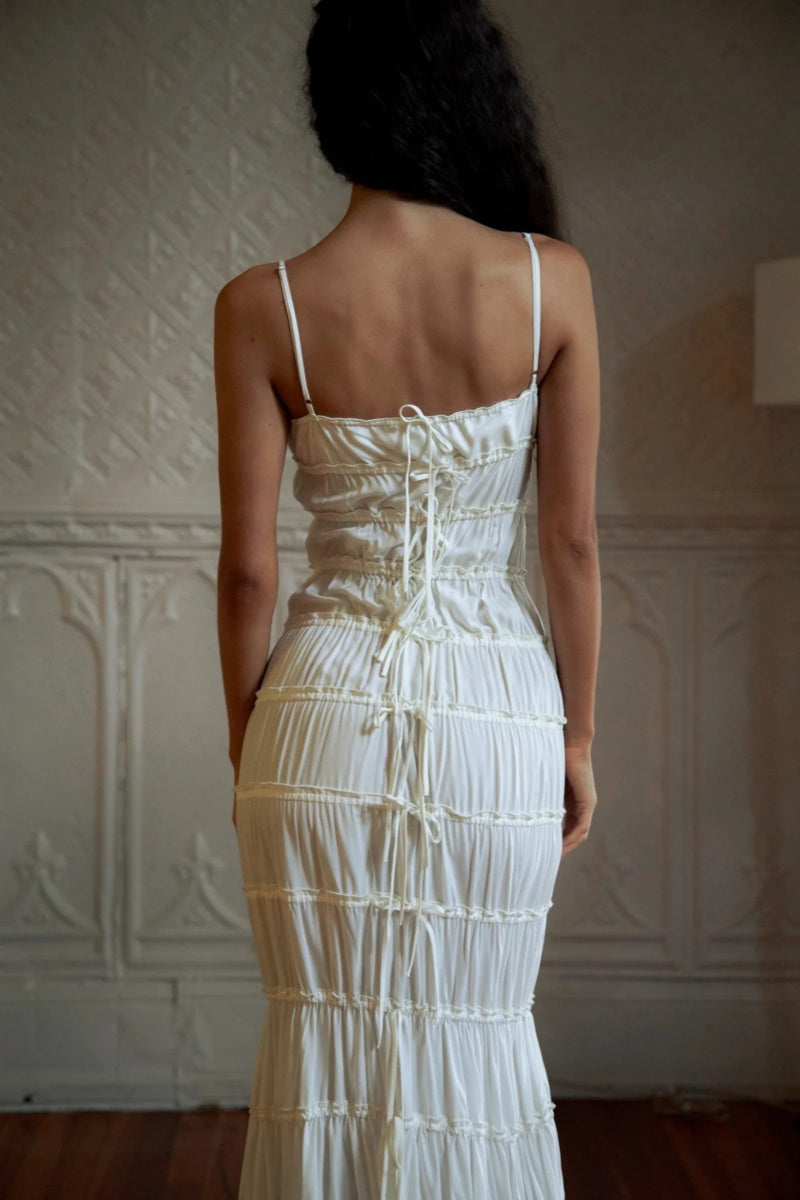 With Thin Straps Pleated Layered Maxi Boho Dress