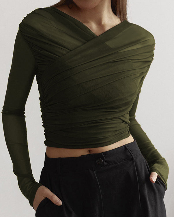 Solid Color Mesh Sexy Pleated Long Sleeve T-Shirt