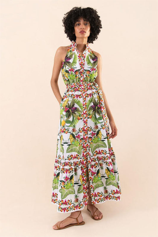 Vestido largo sin mangas con botones y cuello halter botánico 