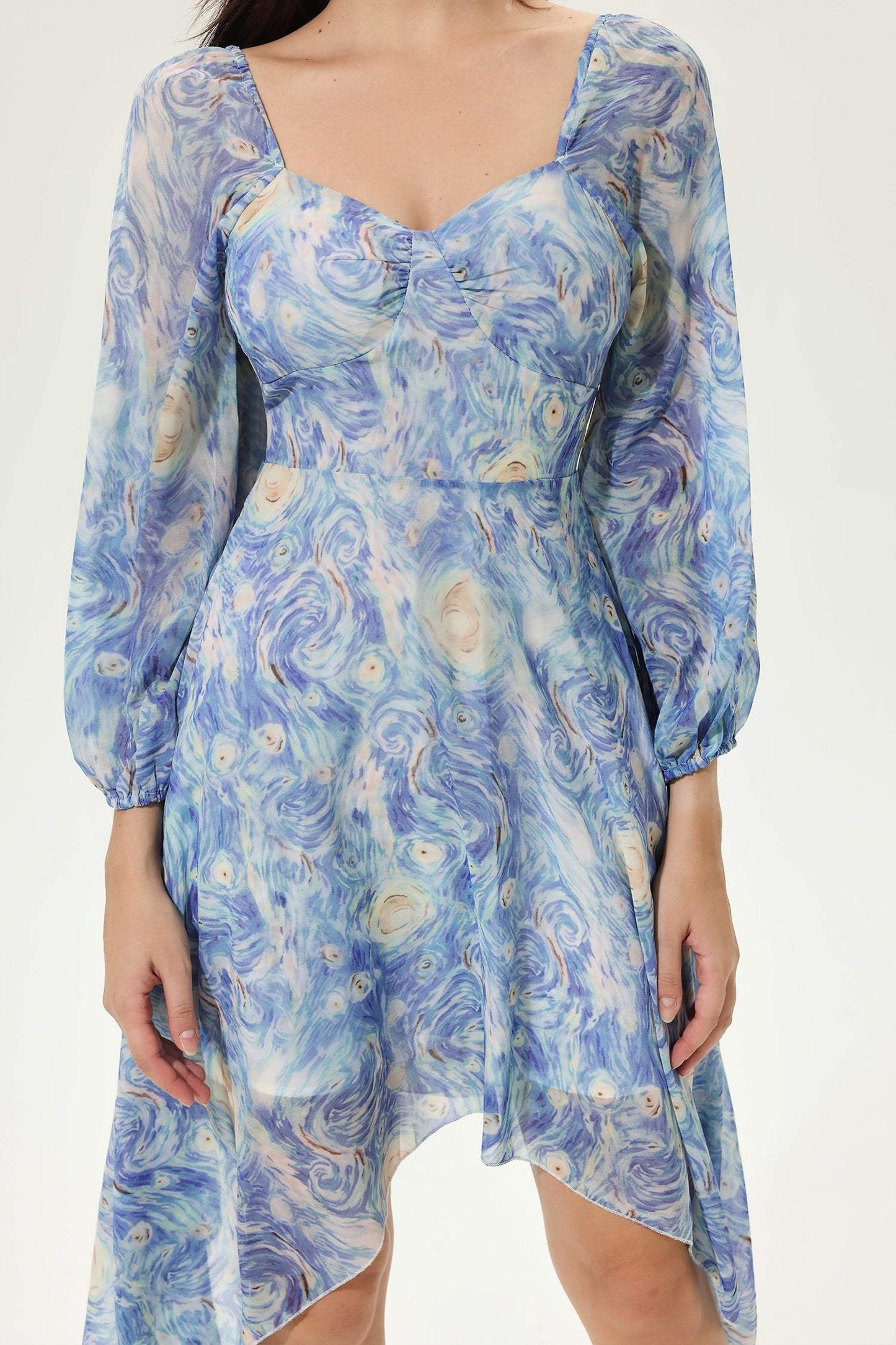 Abstract Print Sweetheart Neck Long Sleeve Midi Dress