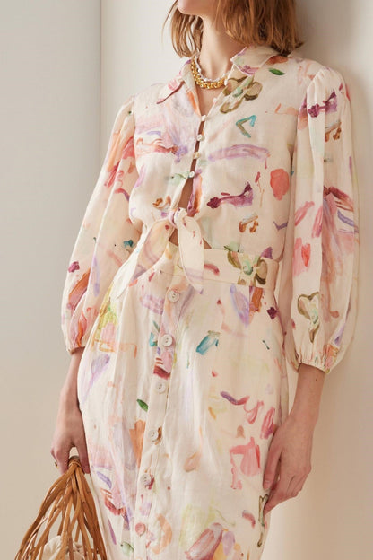 Vestido midi con botones y cuello camisero con estampado abstracto 