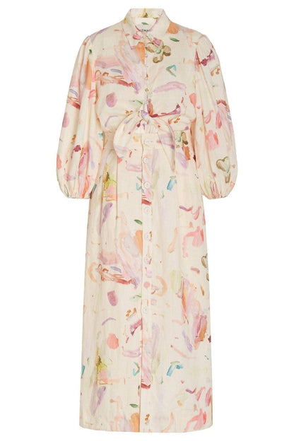 Vestido midi con botones y cuello camisero con estampado abstracto 