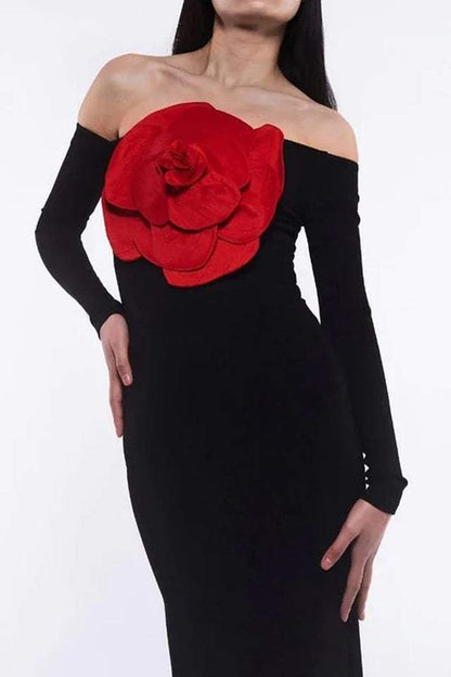 3D Floral Knit Off-Shoulder Maxi Dress