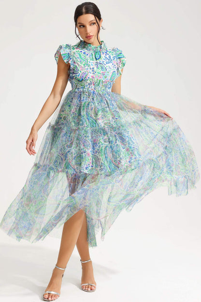 Abstract Print Flutter Sleeve Crew Collar Midi Dress