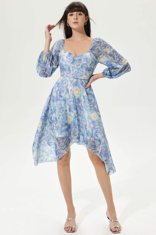 Abstract Print Sweetheart Neck Long Sleeve Midi Dress