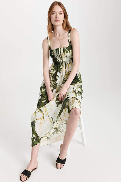 Botanical Print Sleeveless Slip Midi Dress