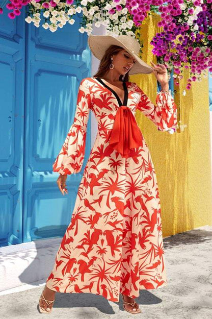 Animal Print Long Sleeve V-Neck Wide Leg Jumpsuit