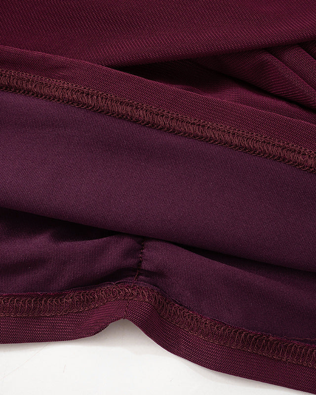 Solid Color Mesh Sexy Pleated Long Sleeve T-Shirt