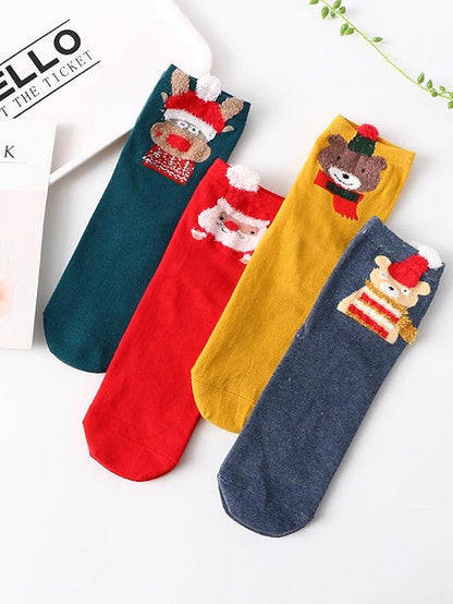 Crew Socks Party Christmas Gift Animal Multi Color Spandex Nylon Cotton Basic Casual Warm Cute 4 Pairs for Women