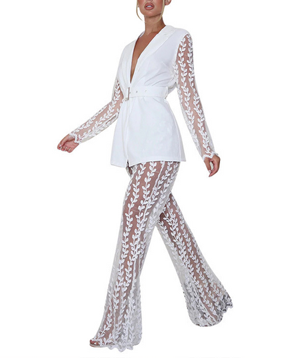 Lace Long-Sleeved Top Flared Pants Suit
