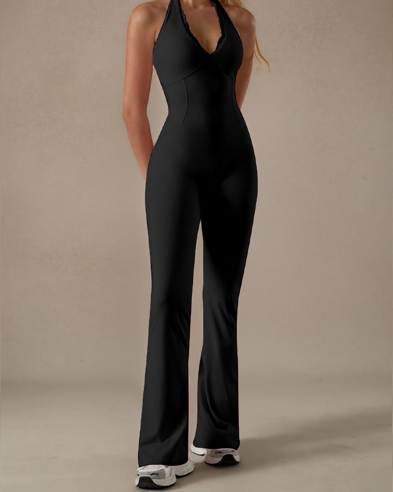 V-Neck Lace Yoga Jumpsuit