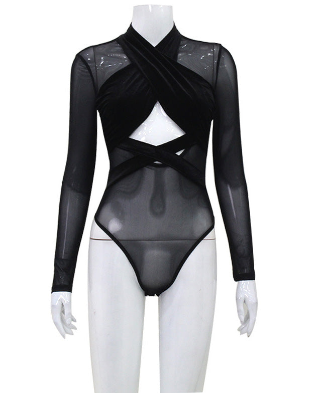 Mesh Velvet Patchwork Cross-Cut Tight Long-Sleeved Jumpsuit