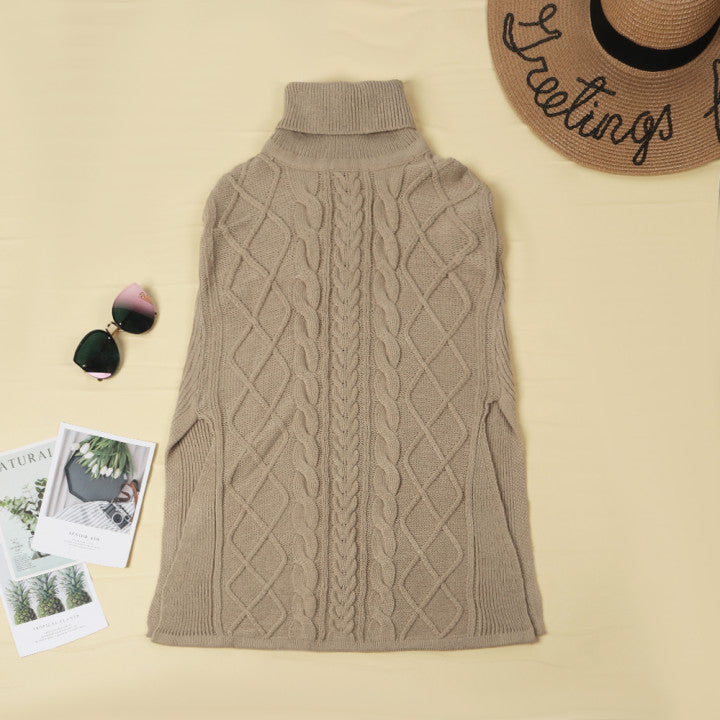 High Neck Loose Cable Knit Pattern Stitching Sweater (7 Colors)